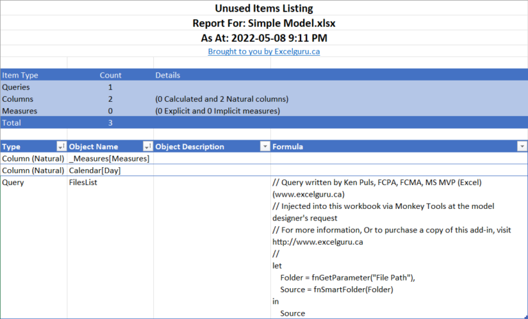 The Unused Items report reviews Columns, Measures and Queries