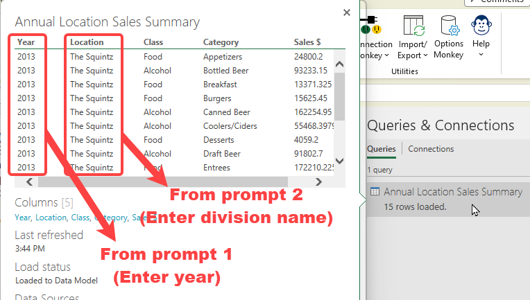 Query results after prompting to enter Year and Division