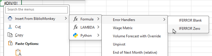 The "Insert From BiblioMonkey" menu at the top of the cell context menu, allowing the user to choose from stored Formula or LAMBDA patterns