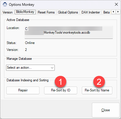 Options to re-index the sort orders of the Biblio Monkey database