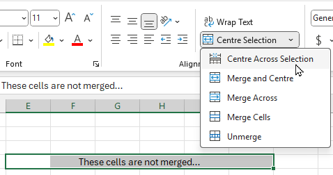 The Merge and Center menu with a new Centre Across Selection button