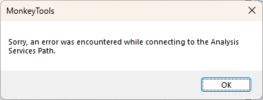 Message stating that an error was encountered while connecting to the Analysis Services Path.