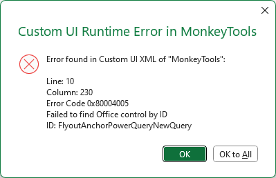 A Custom UI Runtime Error dialog box indicating that the control with an ID of FlyoutAnchorPowerQueryNewQuery cannot be found