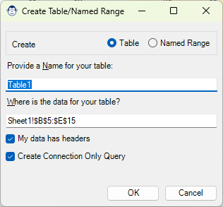 The From Table or Range Monkey form in action, allowing you to define the Table's name upon creation