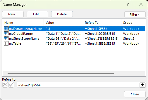 Named ranges and dynamic arrays created by Monkey Tools are all displayed in Excel's Name Manager feature