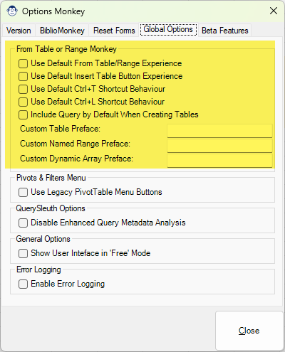 The Options Monkey holds three options relevant to the From Table or Range experience, allowing you to use Microsoft's default experiences, or customize how our form works.