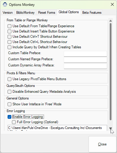 Global Options controlled by the Options Monkey include legacy PivotTable buttons, show the user interface in Free mode, Disable Enhanced Query Metadata Analysis and Error Logging