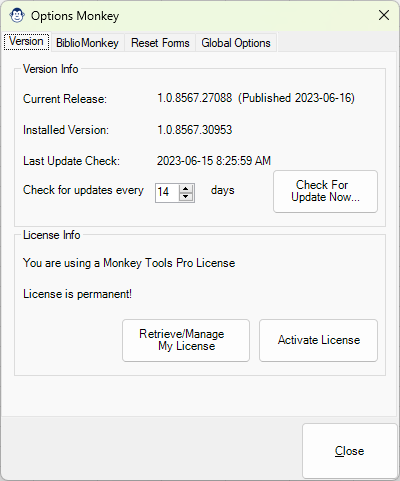 The Options Monkey's Version tab allows you to configure the number of days between update checks, and activate your Monkey Tools license