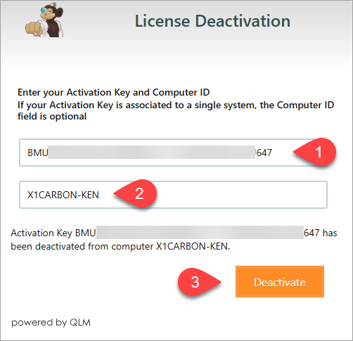 Deactivating a license requires entering the license key, computer name and clicking Deactivate