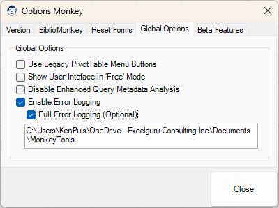 Configuring error logging in the Options Monkey by checking the Enable Error Logging and Full Error Logging checkboxes