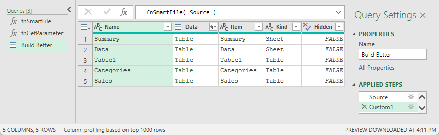 The results of invoking the fnSmartFile function, showing an table of Excel values