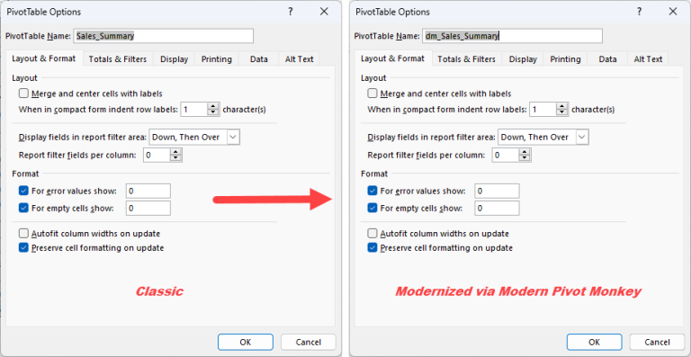 Side by side image of the classic and modernized PivotTable options